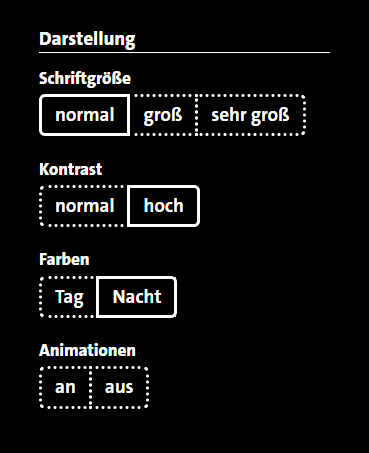 lsne_darstellung-hoher-kontrast-invertiert.png Beispiel für die Darstellung: Farben - Nacht - schwarzer Hintergrund mit weißer Schrift.